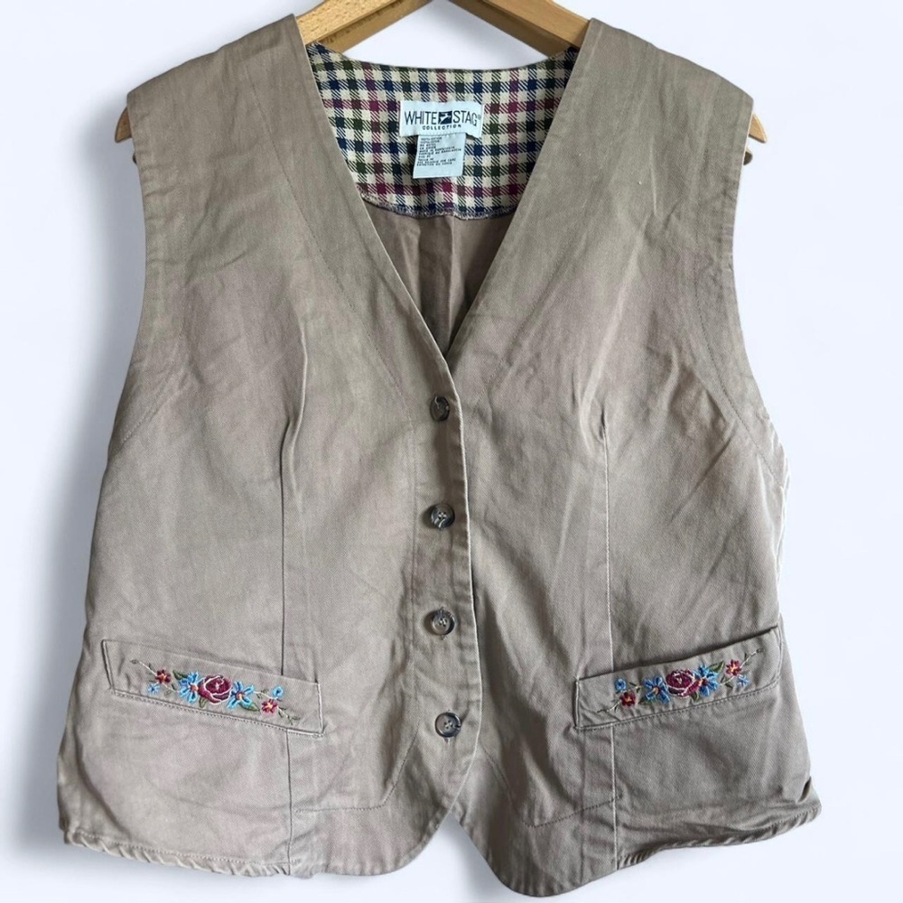 Vintage White Stag Brown Floral Embroidered Vest Cottagecore Whimsy Twee Medium
